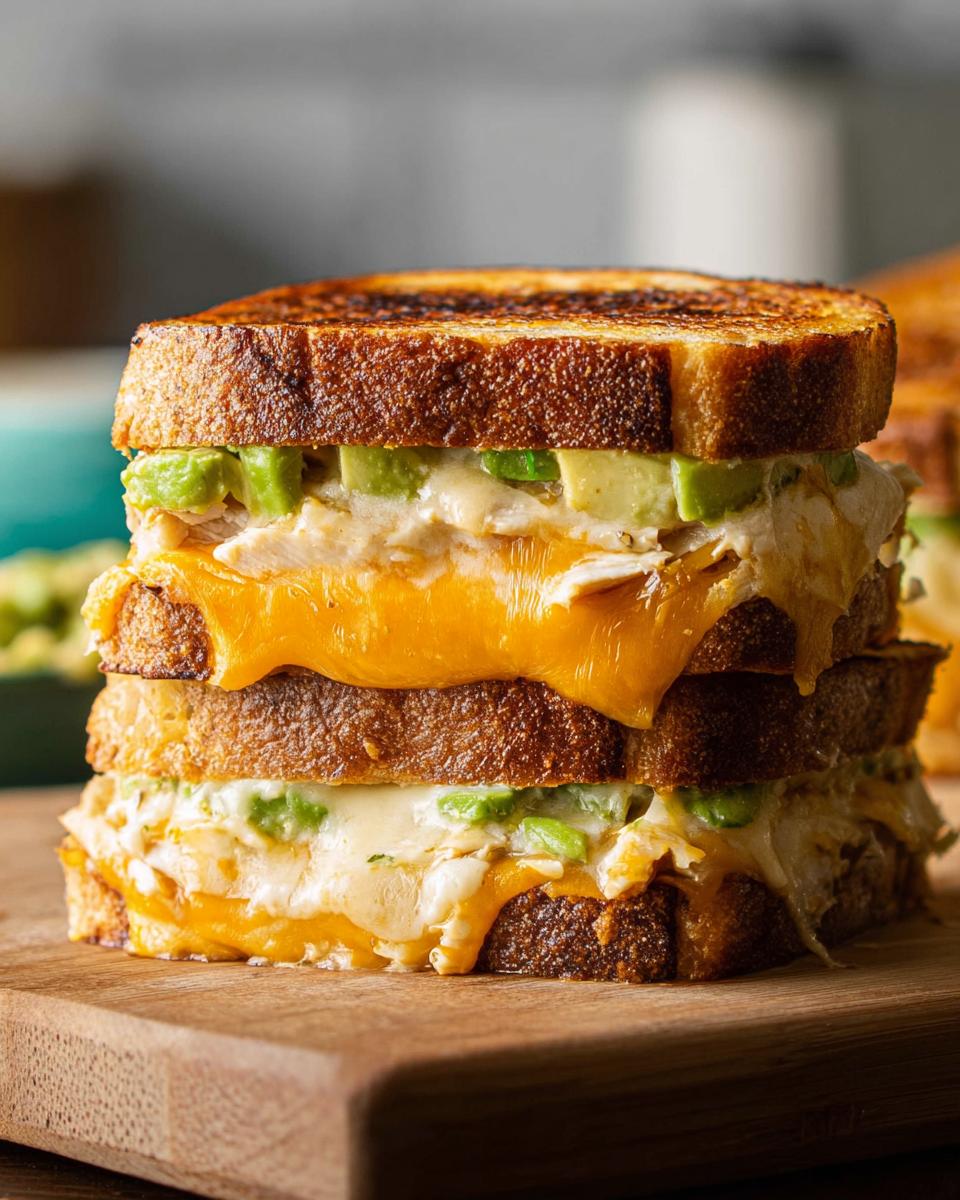 A stacked CHICKEN AVOCADO MELT SANDWICH with melted cheese, chicken, and avocado on toasted bread.