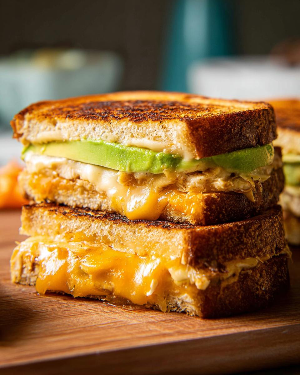 A stacked CHICKEN AVOCADO MELT SANDWICH with melted cheese and fresh avocado slices on toasted bread.