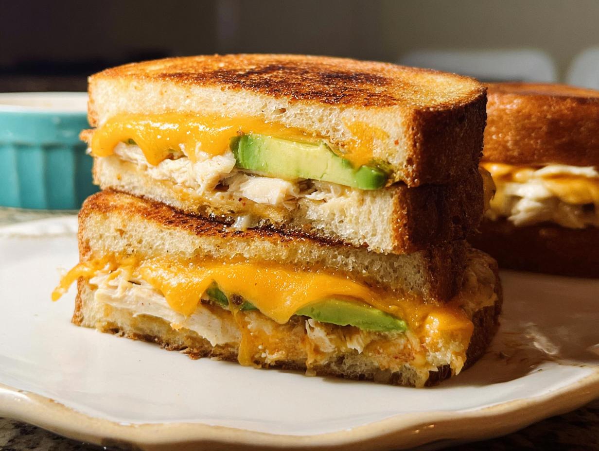 Close-up of a stacked CHICKEN AVOCADO MELT SANDWICH with melted cheese and avocado slices.