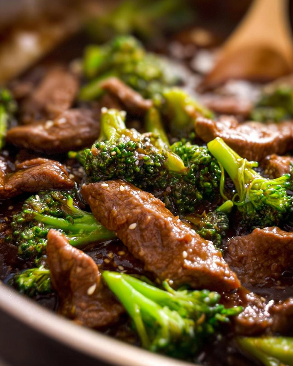 Close-up of tender beef strips and vibrant broccoli florets coated in a glossy sauce, sprinkled with sesame seeds.