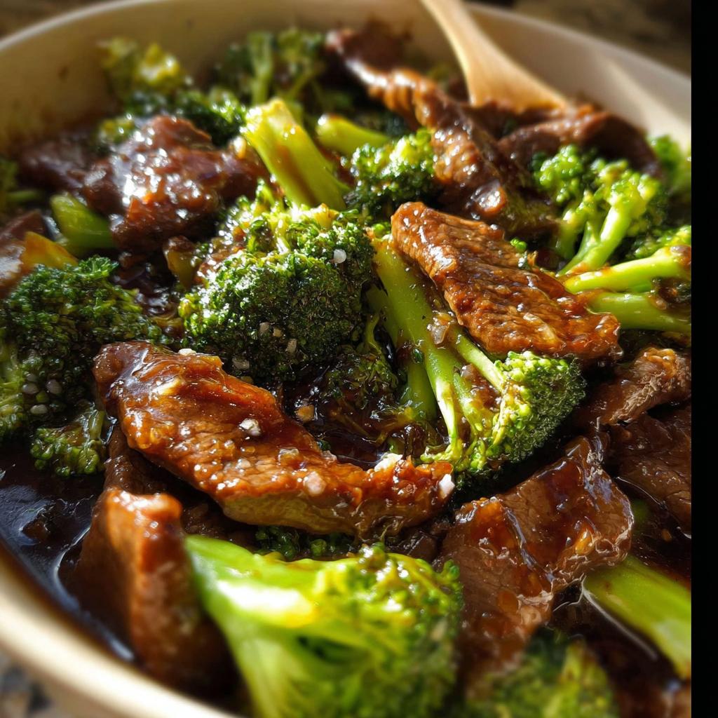 Close-up of tender slices of Chinese beef and broccoli florets coated in a savory sauce.