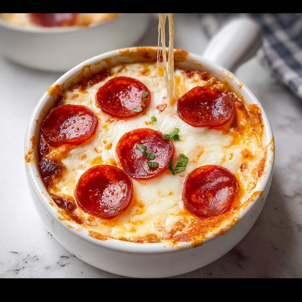 A close-up of a bubbling Cottage Cheese Pizza Bowl topped with pepperoni and melted cheese, with a string of cheese pulling away.