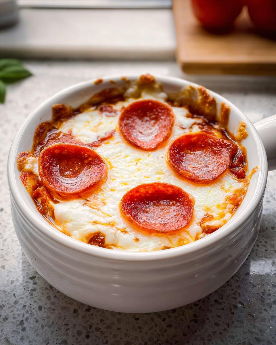 A close-up of a warm Cottage Cheese Pizza Bowl topped with melted cheese and pepperoni slices.