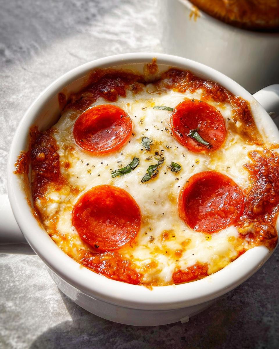 A close-up of a baked Cottage Cheese Pizza Bowl topped with melted cheese, pepperoni slices, and fresh basil.