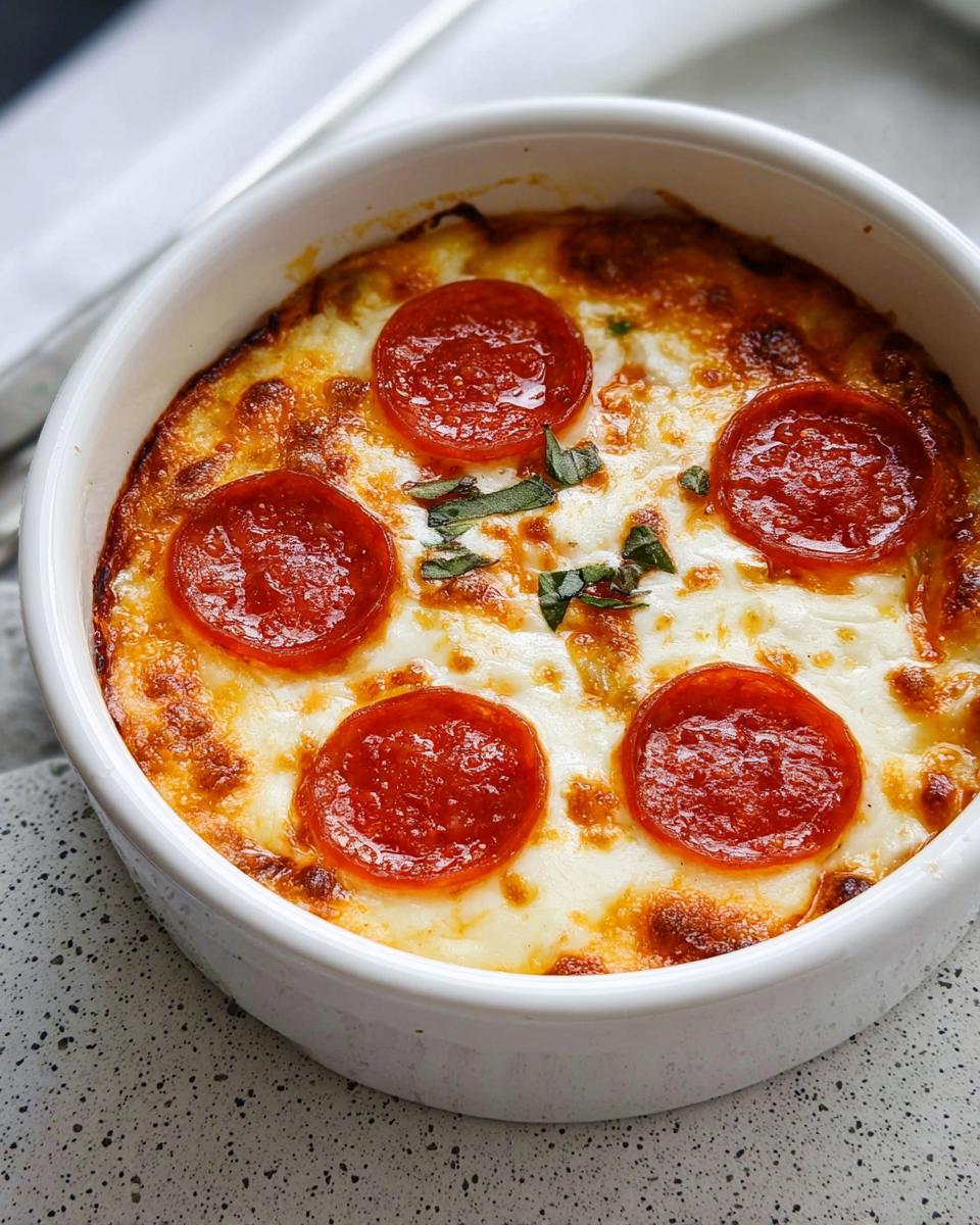 A close-up of a baked Cottage Cheese Pizza Bowl topped with melted cheese and pepperoni slices.