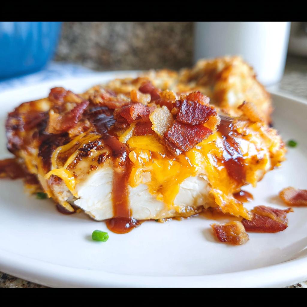 A juicy piece of Cowboy BBQ Bacon Cheddar Chicken topped with melted cheddar cheese and crispy bacon bits.