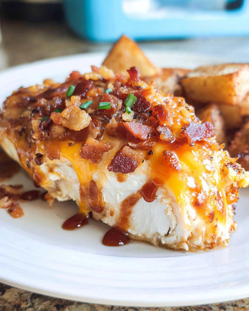 A juicy piece of Cowboy BBQ Bacon Cheddar Chicken topped with melted cheddar cheese, crispy bacon, and chives, served with potato wedges.