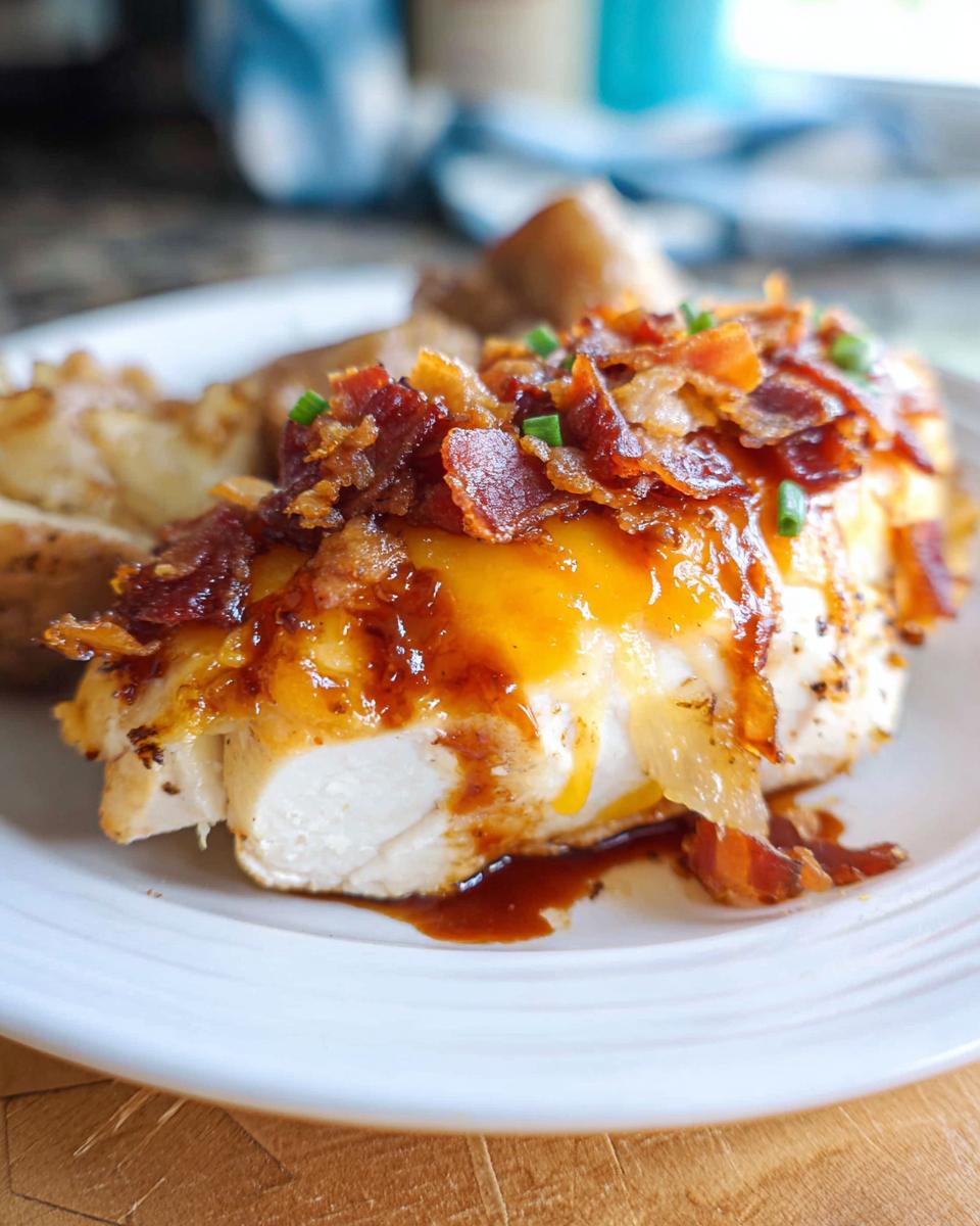 A juicy piece of Cowboy BBQ Bacon Cheddar Chicken topped with melted cheddar cheese, crispy bacon, and chives.