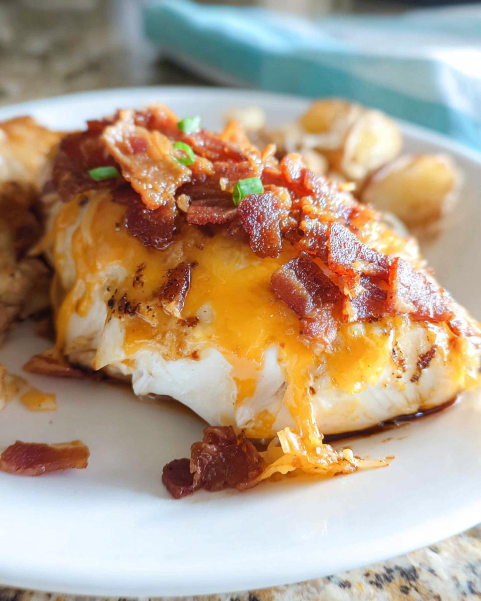 A close-up of Cowboy BBQ Bacon Cheddar Chicken, topped with melted cheddar cheese and crispy bacon bits.
