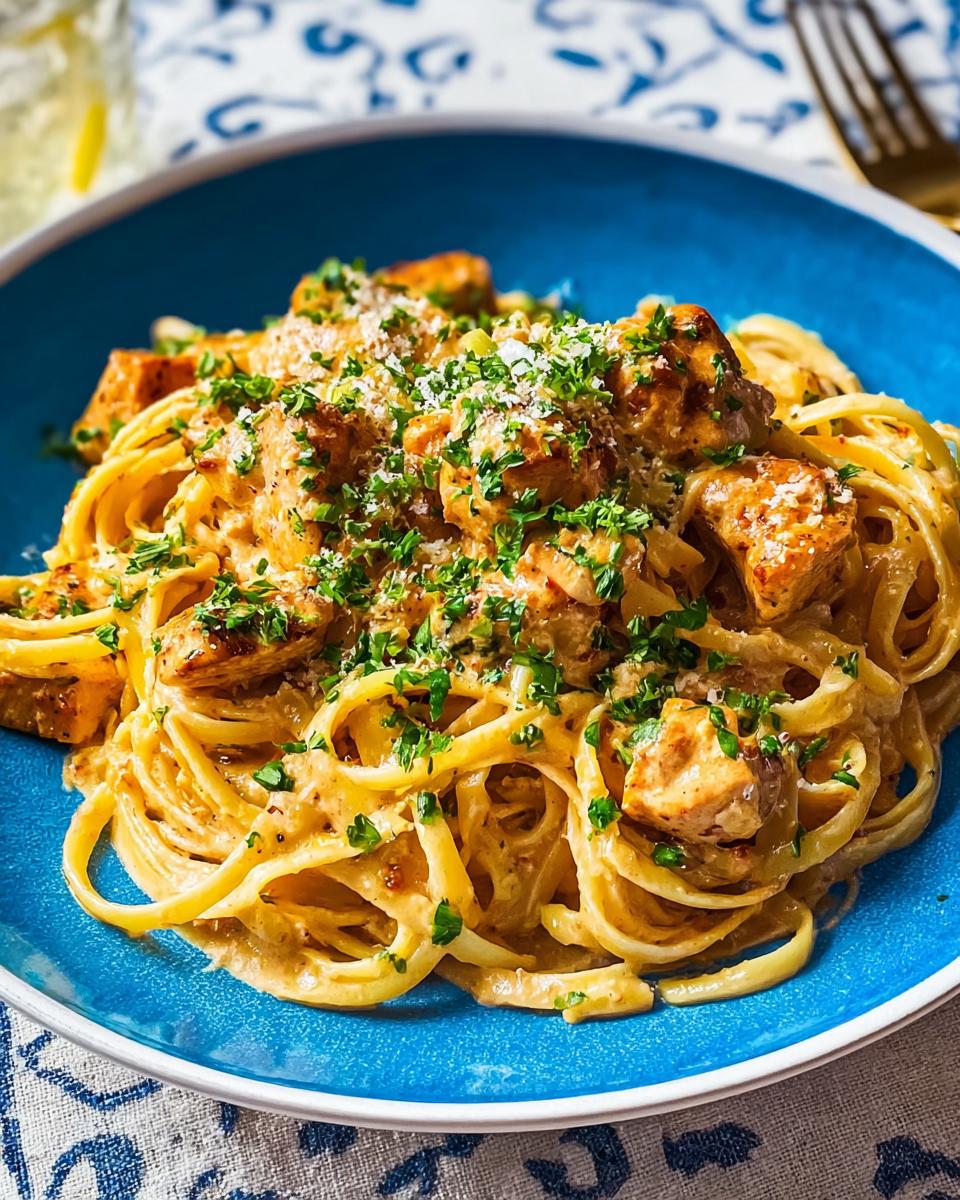 A close-up of Cowboy Butter Chicken Pasta served in a blue bowl, garnished with parsley and Parmesan cheese.