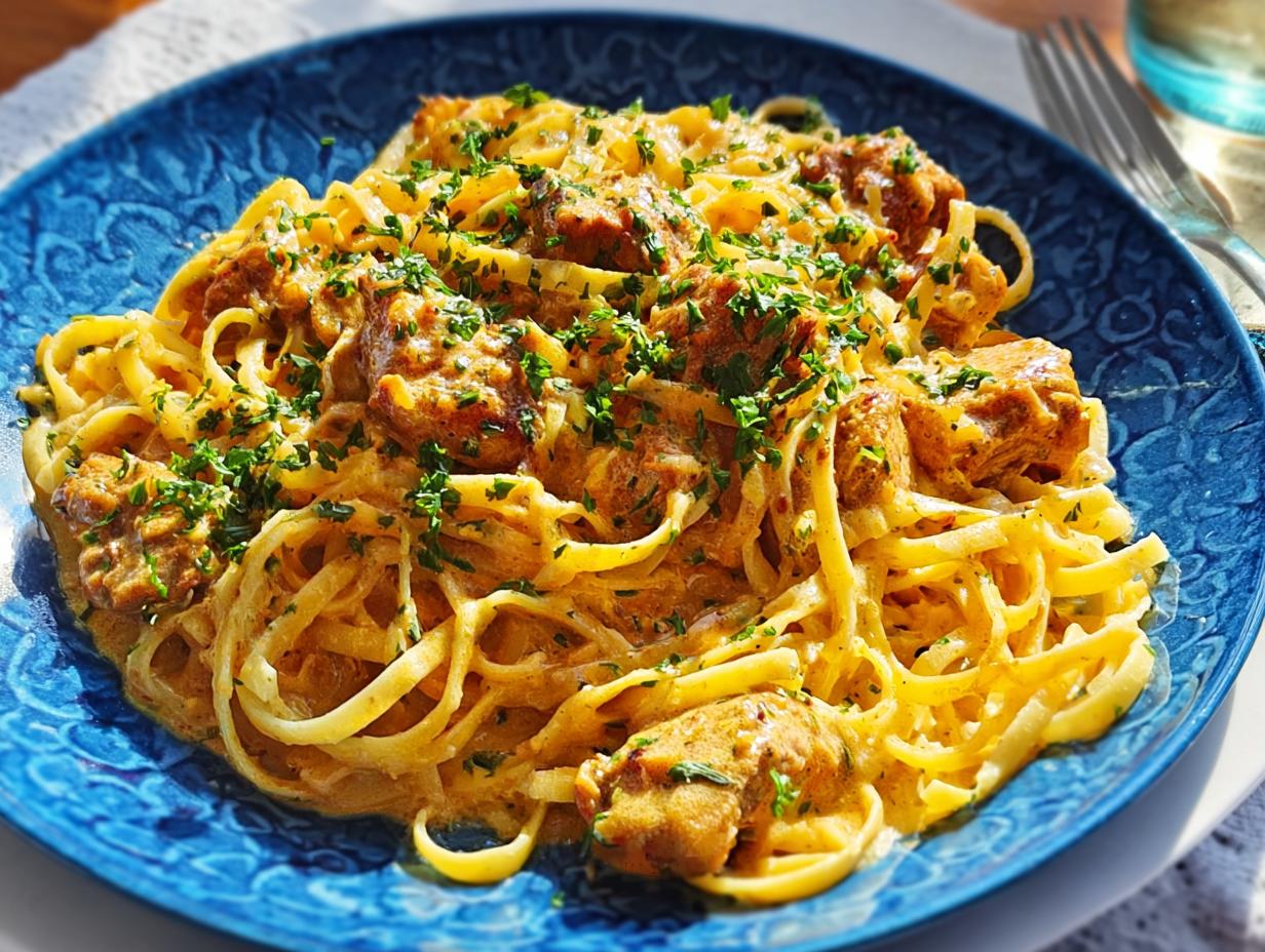 A close-up of Cowboy Butter Chicken Pasta served on a textured blue plate, garnished with fresh parsley.