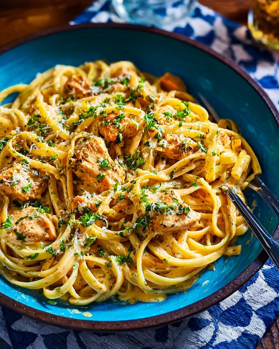 A close-up of Cowboy Butter Chicken Pasta served in a vibrant blue bowl, garnished with fresh parsley.