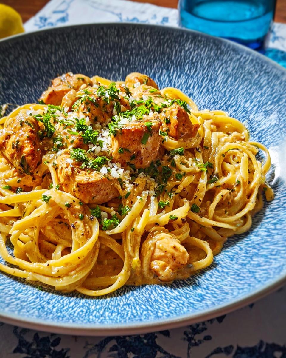 A close-up of Cowboy Butter Chicken Pasta, featuring tender chicken pieces and linguine noodles coated in a creamy sauce, garnished with fresh parsley and grated cheese.