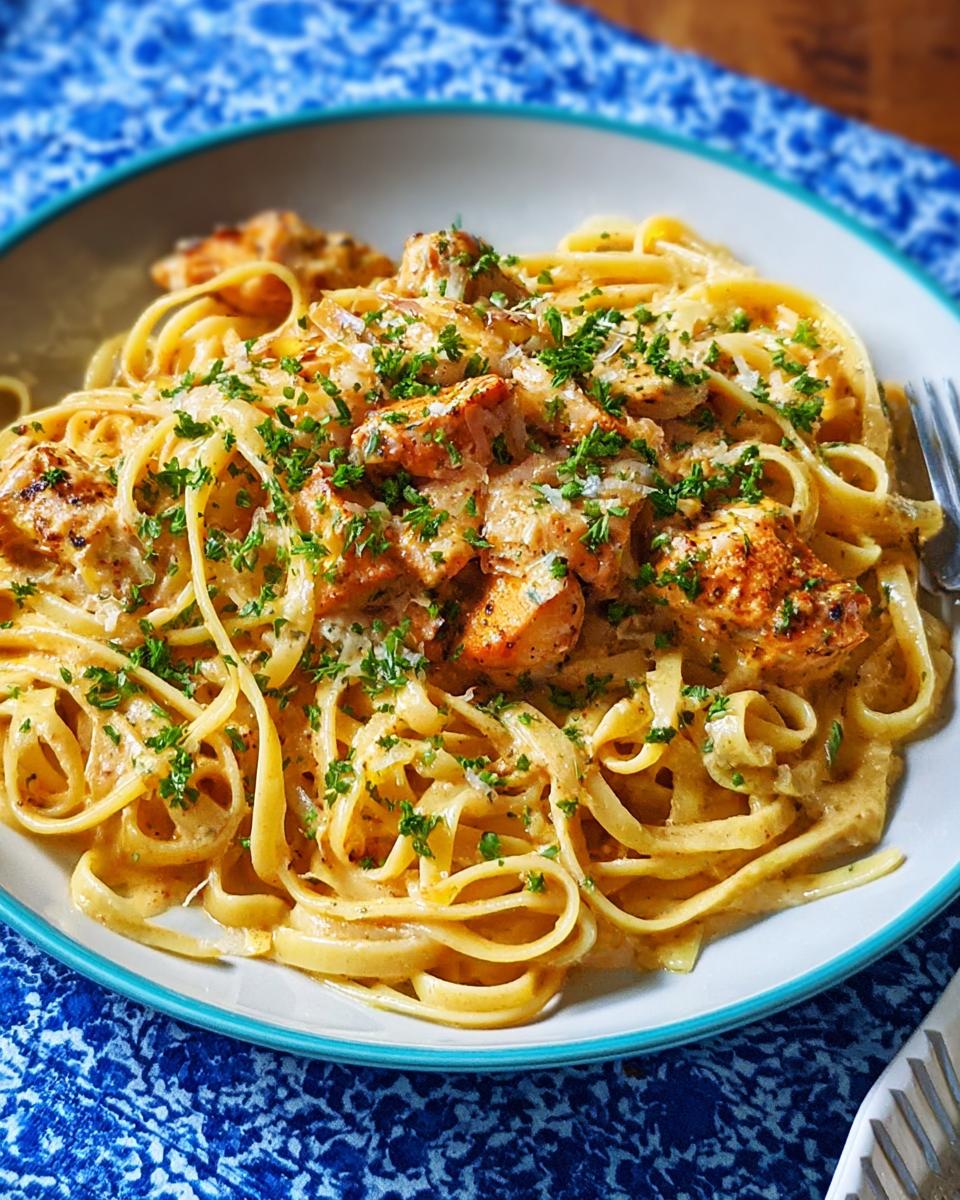 A close-up of Cowboy Butter Chicken Pasta, featuring fettuccine noodles coated in creamy sauce with chunks of seasoned chicken and fresh parsley.