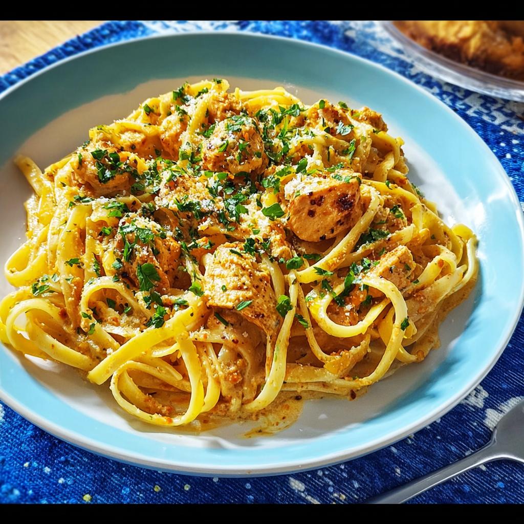 A plate of Cowboy Butter Chicken Pasta with fettuccine noodles, creamy sauce, and chicken pieces, garnished with parsley.