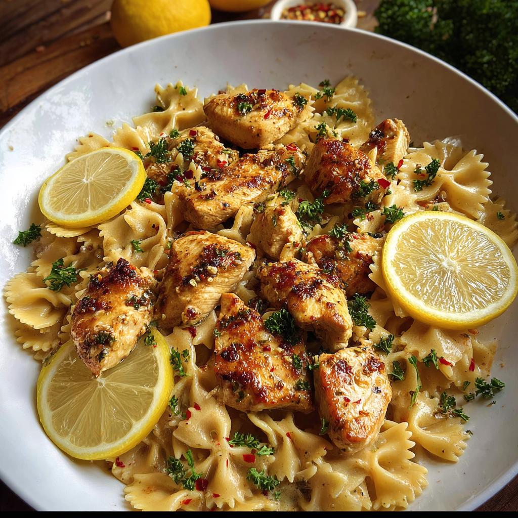 A bowl of Cowboy Butter Lemon Bowtie Chicken Pasta with broccoli, garnished with lemon slices and parsley.