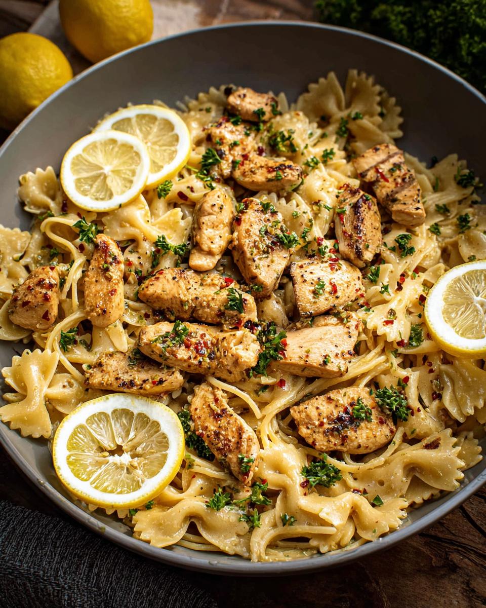 A close-up of Cowboy Butter Lemon Bowtie Chicken Pasta with broccoli, garnished with lemon slices and parsley.