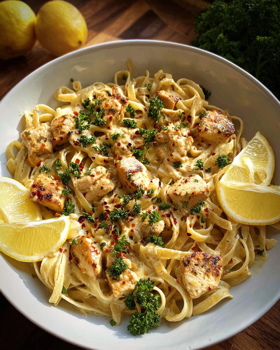 A bowl of Cowboy Butter Lemon Bowtie Chicken Pasta with Broccoli, garnished with lemon wedges and parsley.