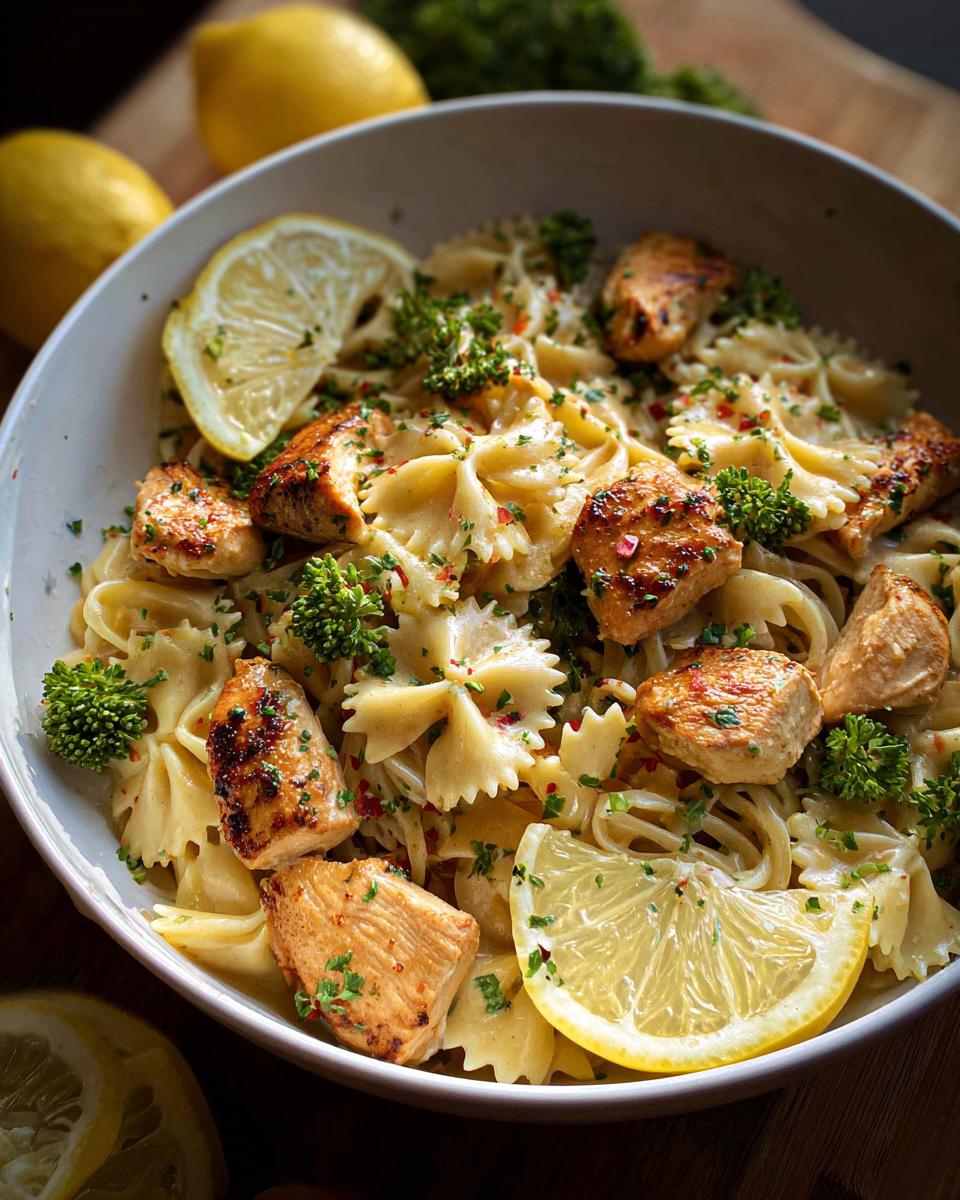A bowl of Cowboy Butter Lemon Bowtie Chicken Pasta with broccoli florets and lemon slices.