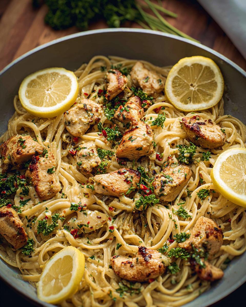 A close-up of Cowboy Butter Lemon Bowtie Chicken Pasta with tender chicken pieces, linguine, and lemon slices, garnished with parsley.