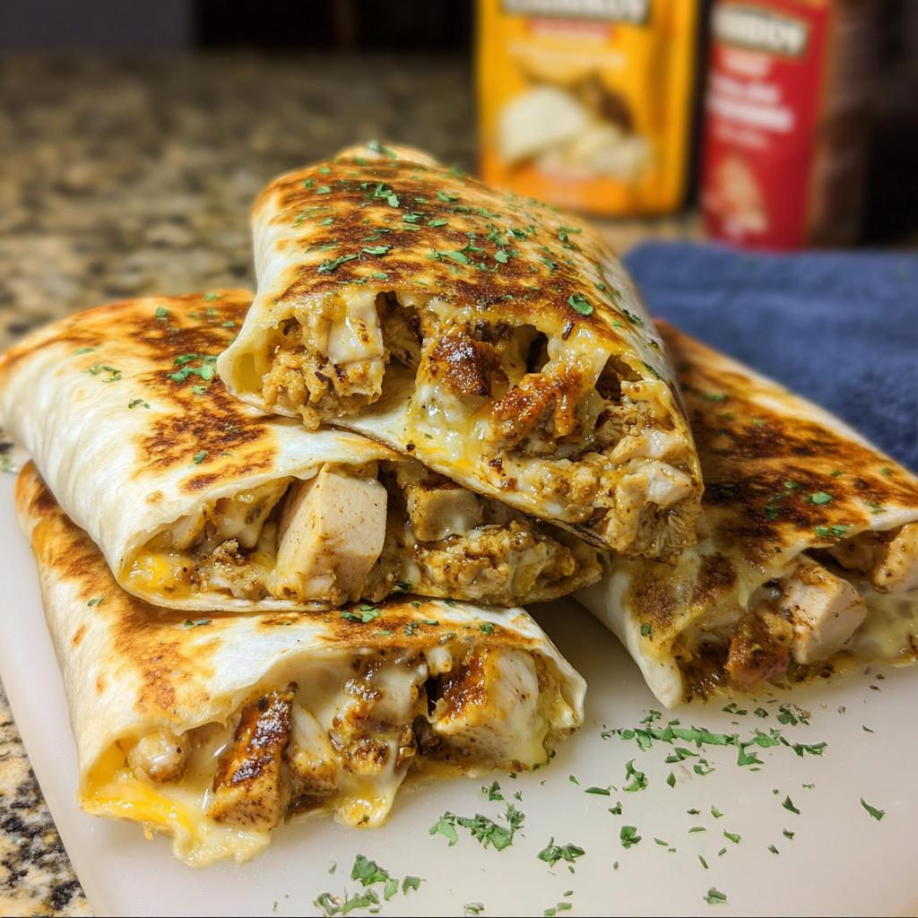 A stack of three Cozy Cheesy Garlic Chicken Wraps, cut in half to reveal tender chicken and melted cheese inside, garnished with parsley.