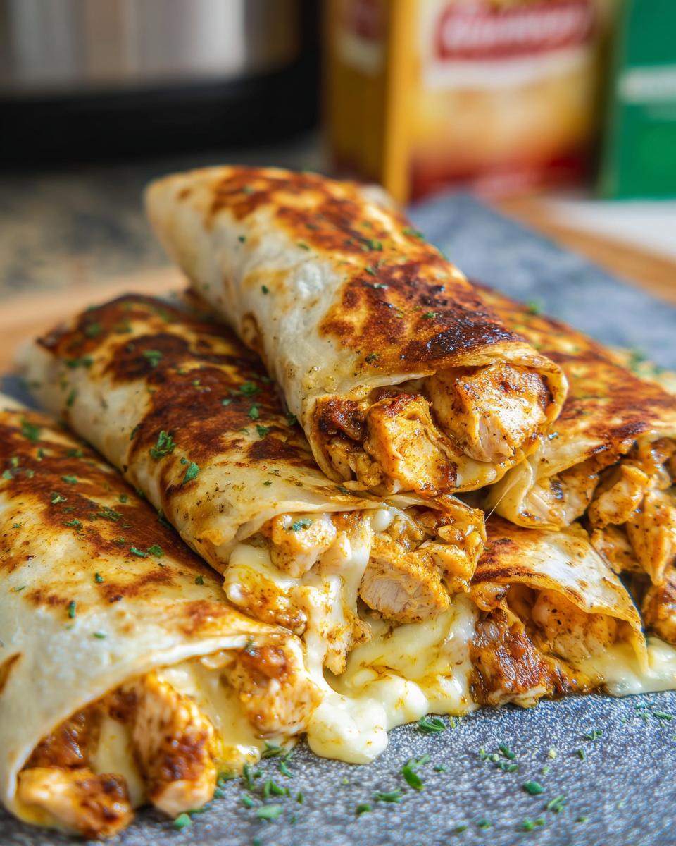 A stack of golden brown Cozy Cheesy Garlic Chicken Wraps, with melted cheese oozing out.