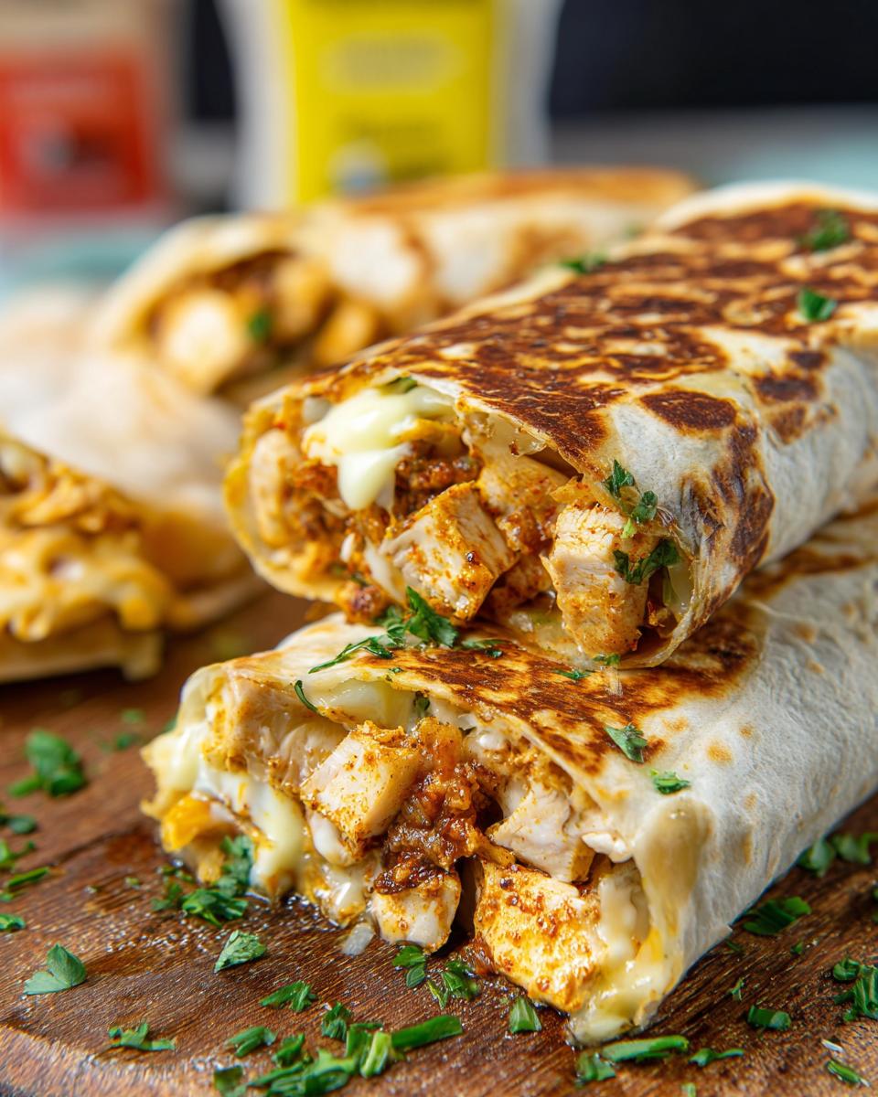 A close-up view of two Cozy Cheesy Garlic Chicken Wraps, cut in half to reveal the filling of chicken, cheese, and herbs.