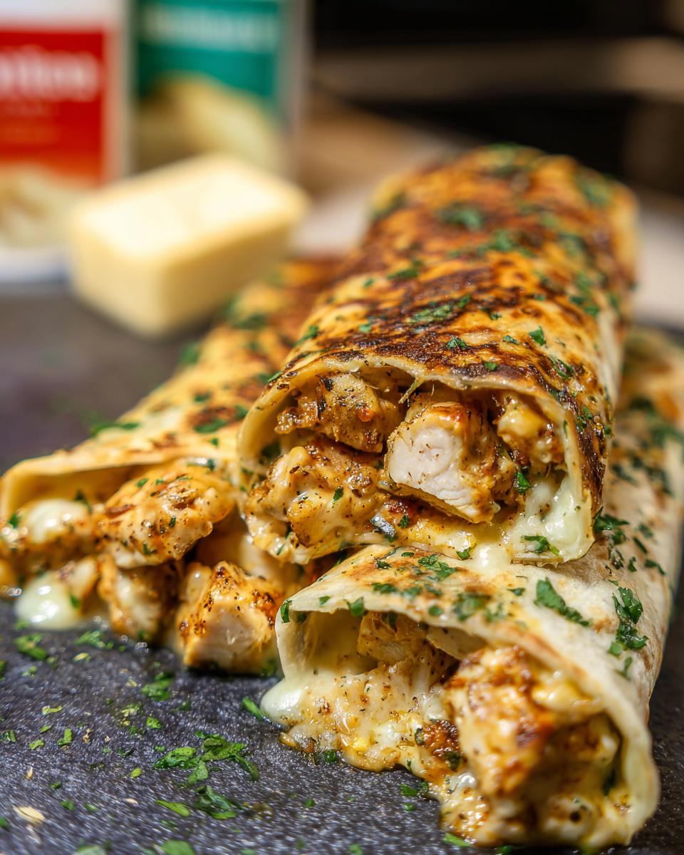 Close-up of three Cozy Cheesy Garlic Chicken Wraps, showing tender chicken and melted cheese spilling out, garnished with parsley.