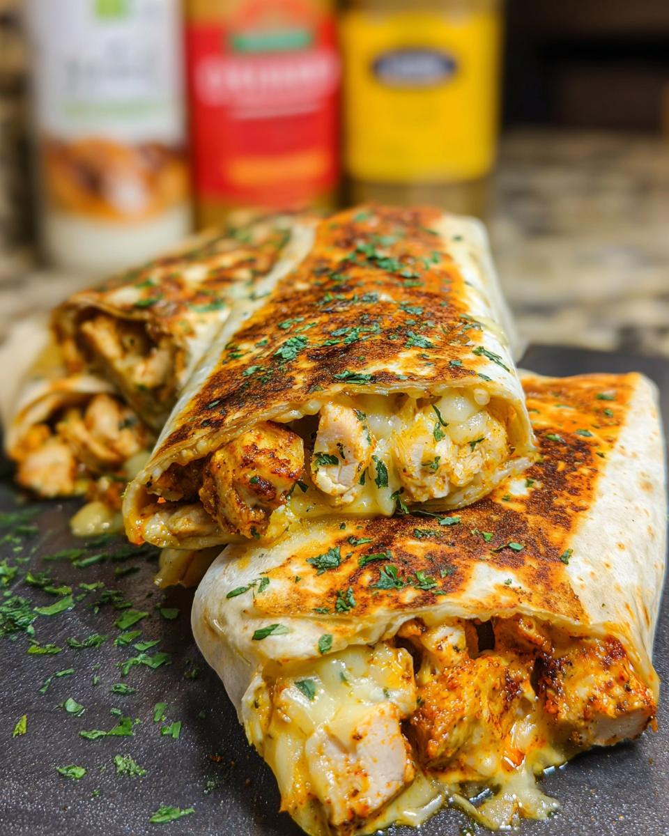 Close-up of Cozy Cheesy Garlic Chicken Wraps, showing tender chicken and melted cheese spilling out, garnished with parsley.