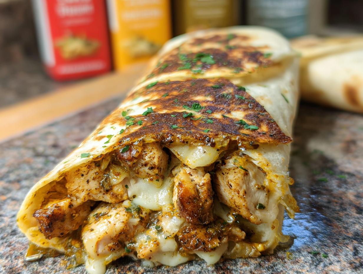 A close-up of a Cozy Cheesy Garlic Chicken Wrap, showing tender chicken and melted cheese spilling out.
