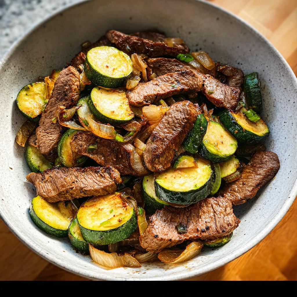 A close-up of a Cozy Grilled Steak Bowl featuring sliced grilled steak, zucchini rounds, and caramelized onions.