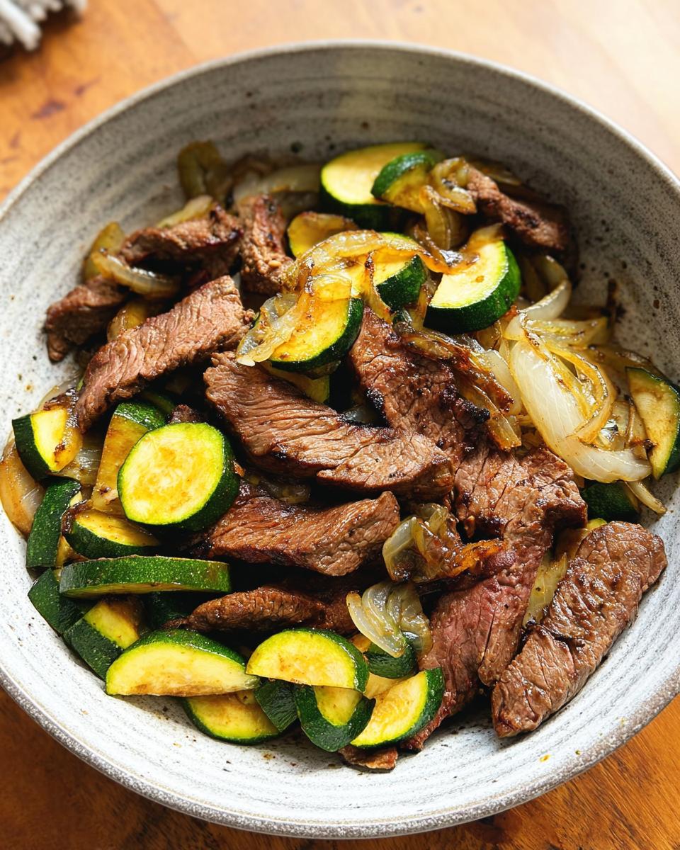 A close-up of a Cozy Grilled Steak Bowl featuring tender steak slices, zucchini rounds, and caramelized onions.