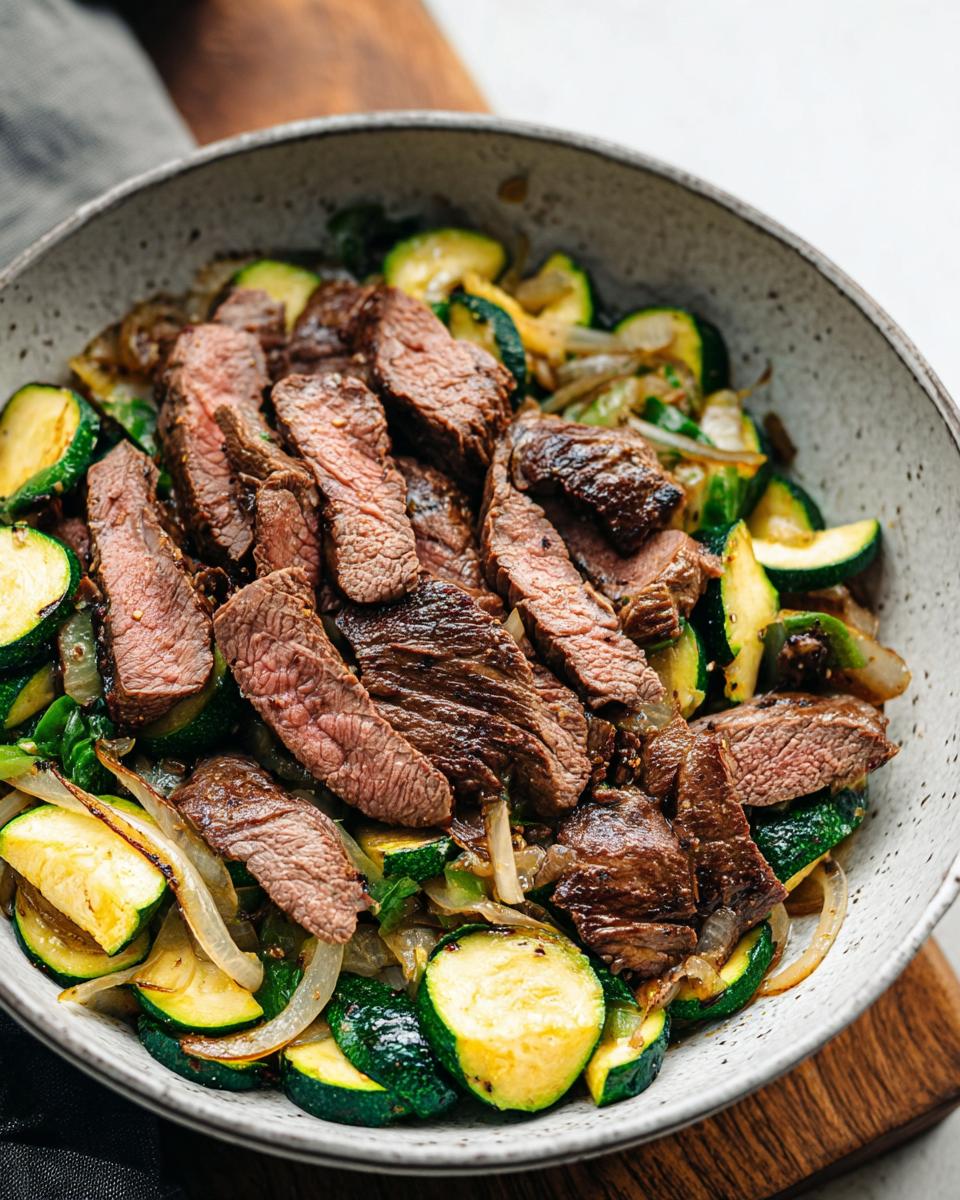 A close-up of a Cozy Grilled Steak Bowl with sliced steak and sautéed zucchini and onions.
