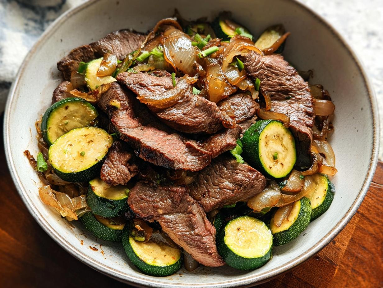 A close-up of a Cozy Grilled Steak Bowl featuring sliced grilled steak, zucchini rounds, and caramelized onions.