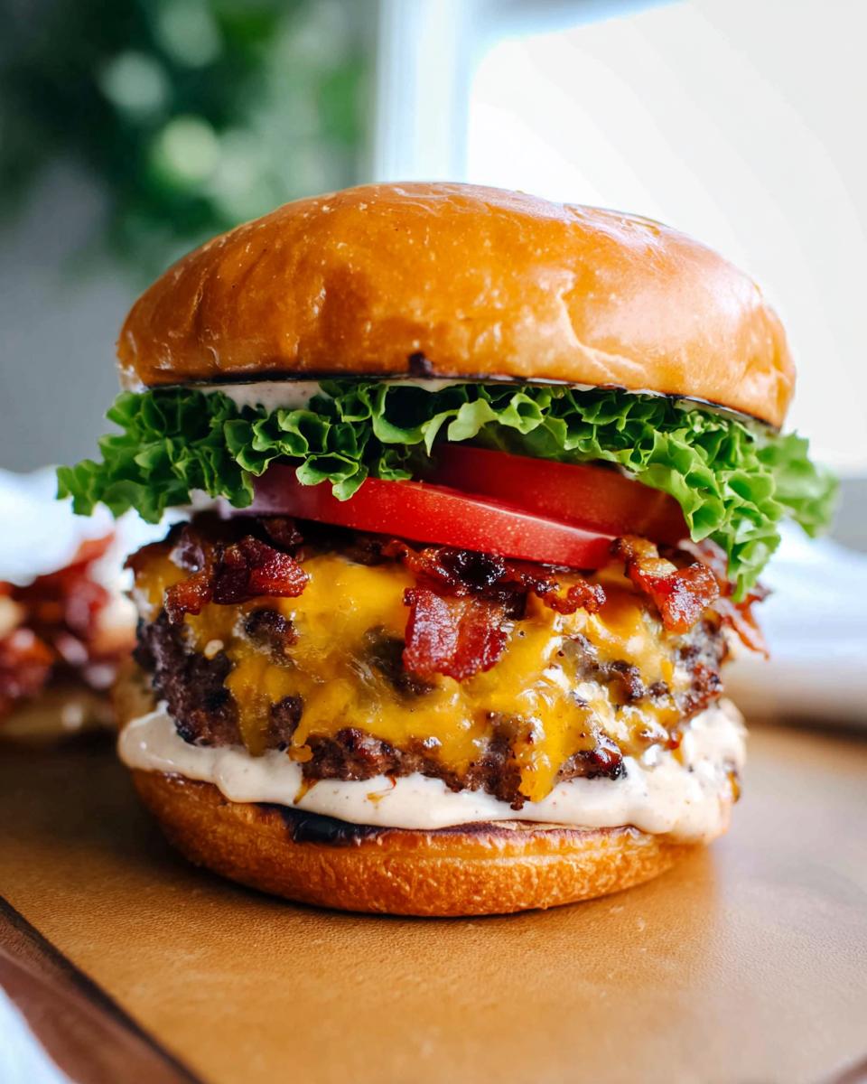 A delicious Crack Burger with a toasted bun, lettuce, tomato, melted cheese, crispy bacon, and sauce.
