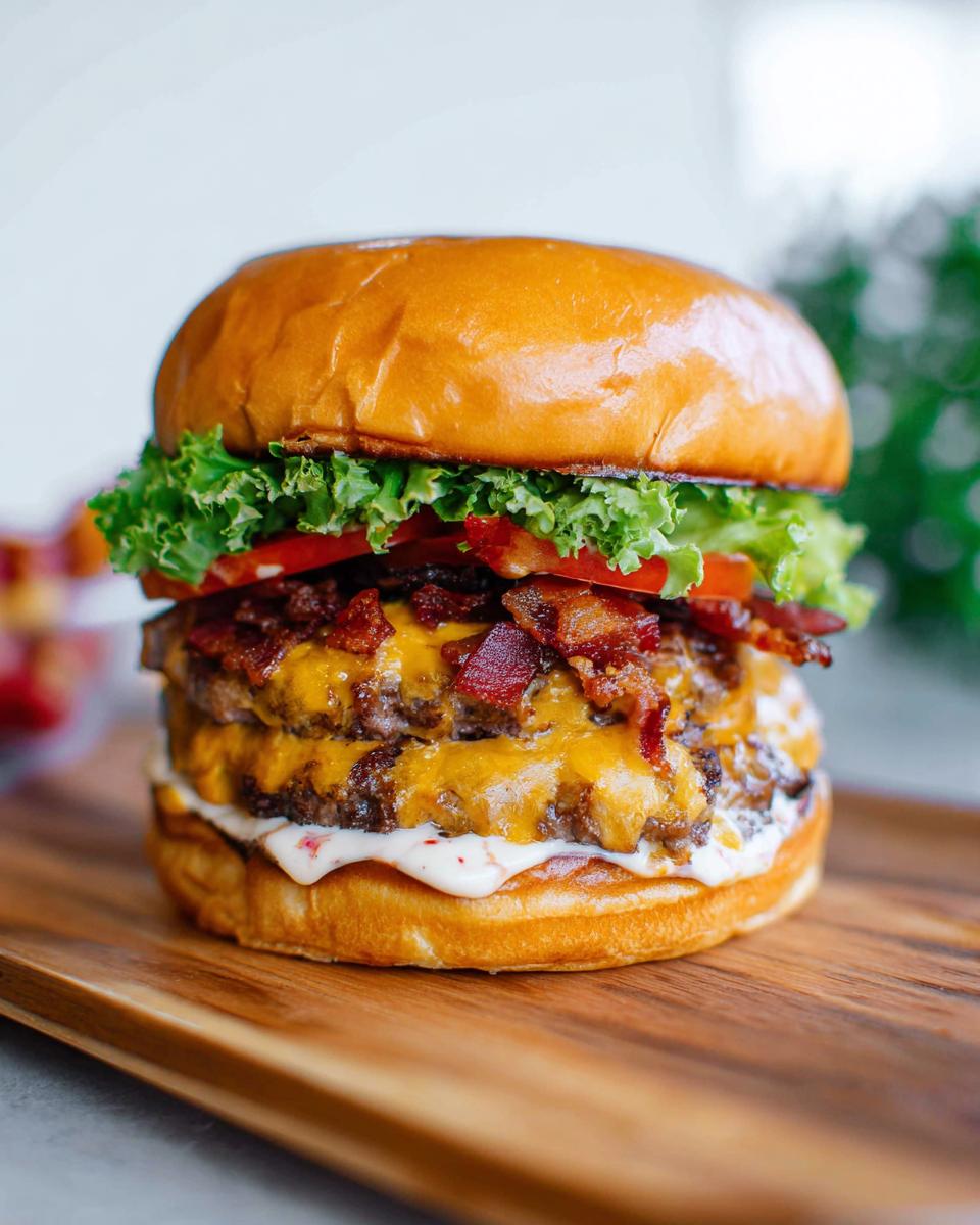 A juicy double-patty Crack Burger stacked high with melted cheese, crispy bacon, fresh lettuce, and tomato on a toasted bun.