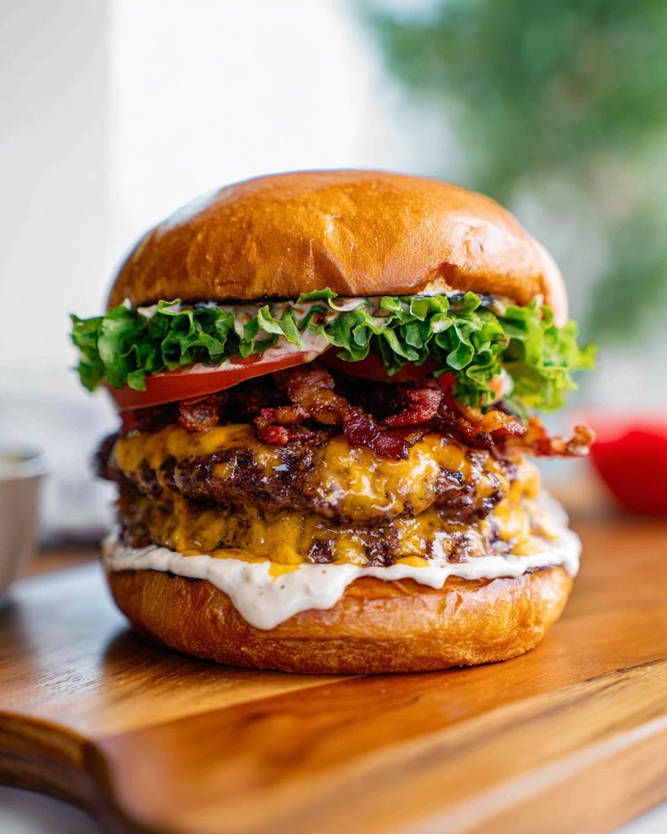 A double-patty Crack Burger piled high with melted cheese, crispy bacon, fresh lettuce, and tomato on a brioche bun.