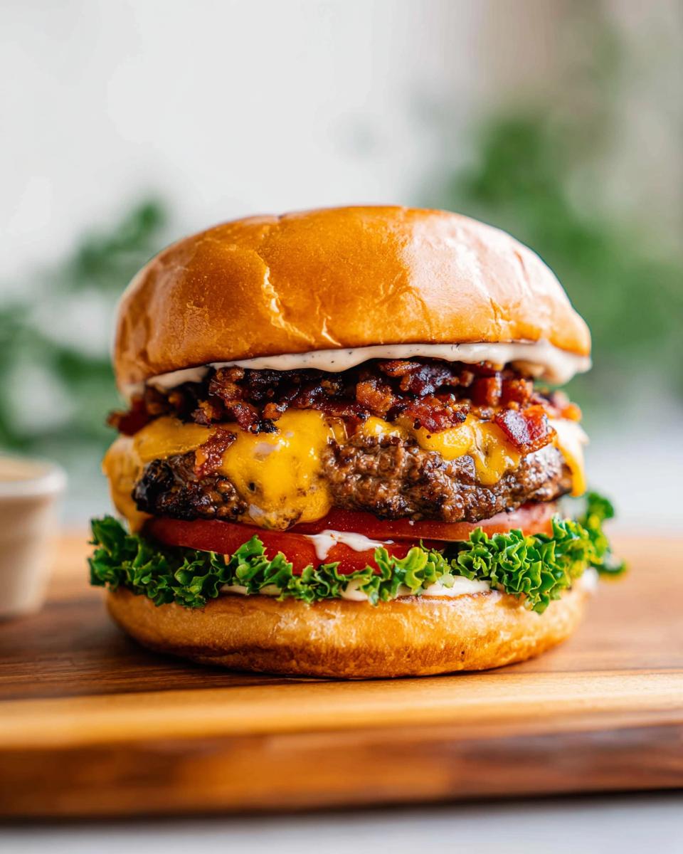 A delicious Crack Burger stacked high with a juicy beef patty, melted cheese, crispy bacon, fresh lettuce, and tomato.