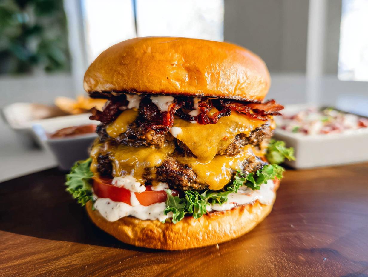A tall, juicy Crack Burger featuring double beef patties, melted cheddar cheese, crispy bacon, fresh lettuce, tomato, and sauce on a brioche bun.