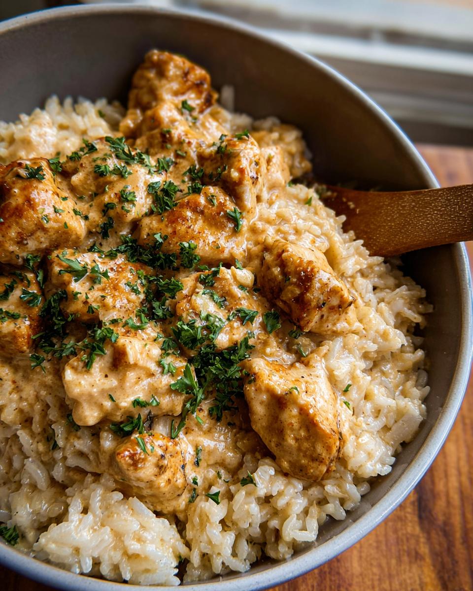 Close-up of a bowl filled with fluffy rice topped with tender pieces of Creamy Cajun Chicken, garnished with fresh parsley.