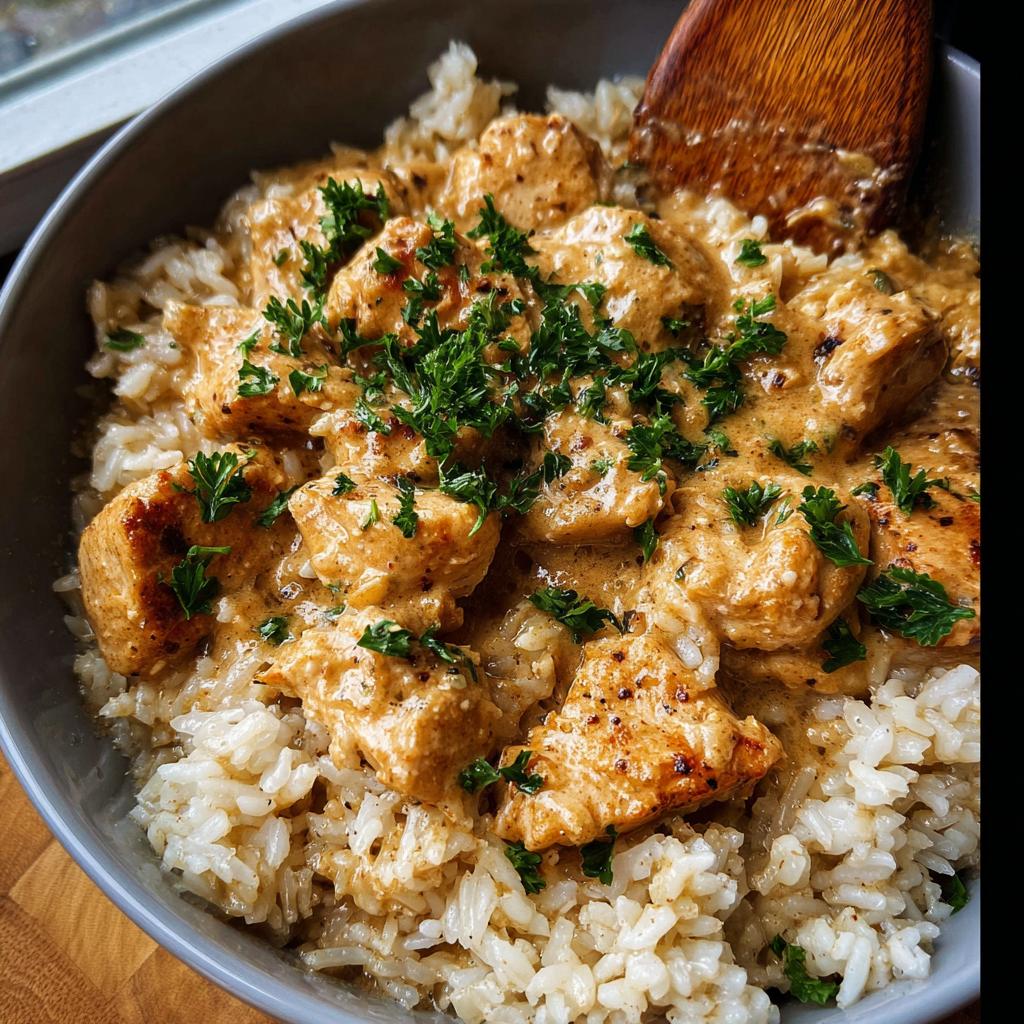 Close-up of Creamy Cajun Chicken & Rice Bowls, with tender chicken in a rich sauce over fluffy white rice, garnished with parsley.