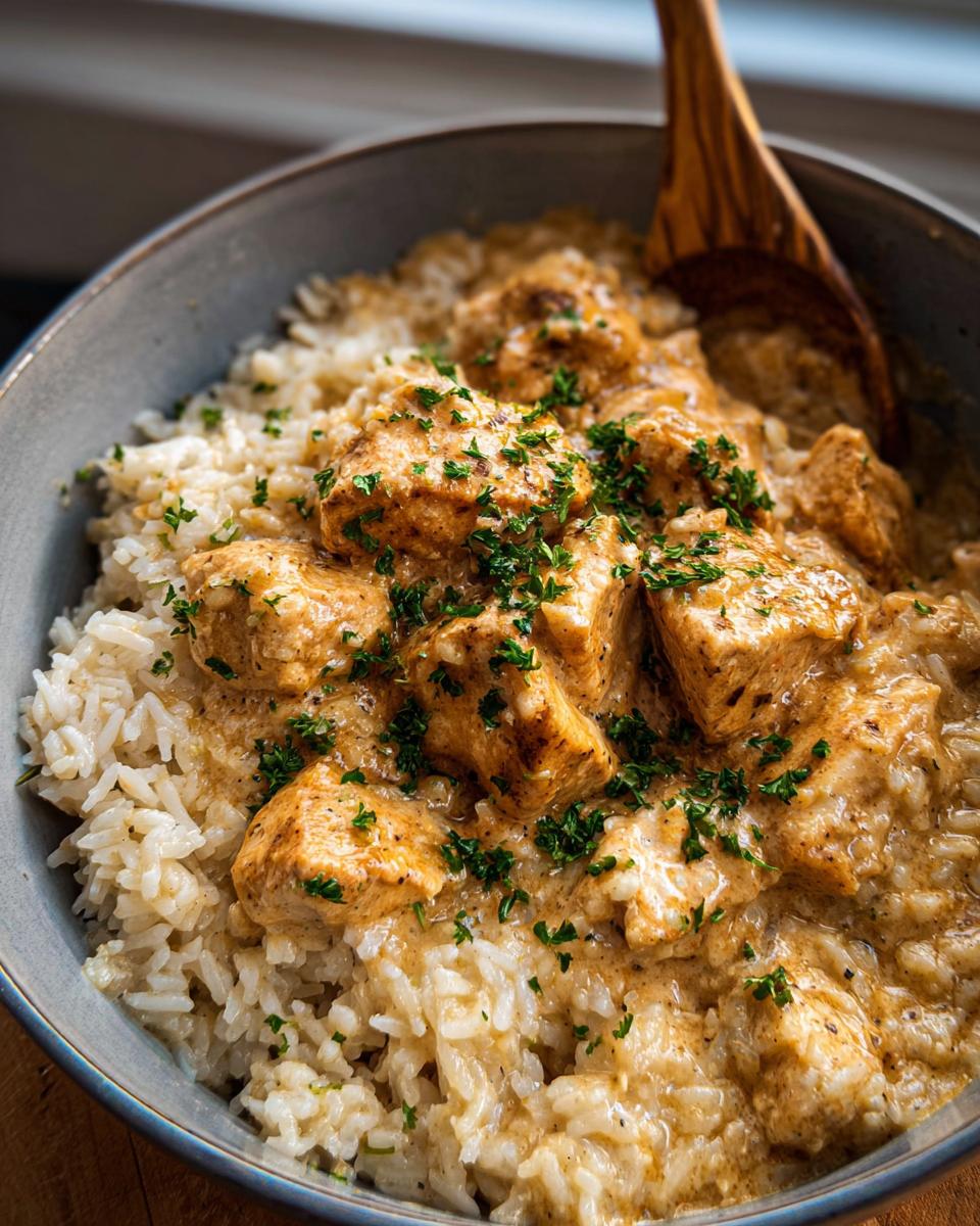 Close-up of Creamy Cajun Chicken & Rice Bowls, with tender chicken pieces in a rich sauce over fluffy white rice, garnished with parsley.