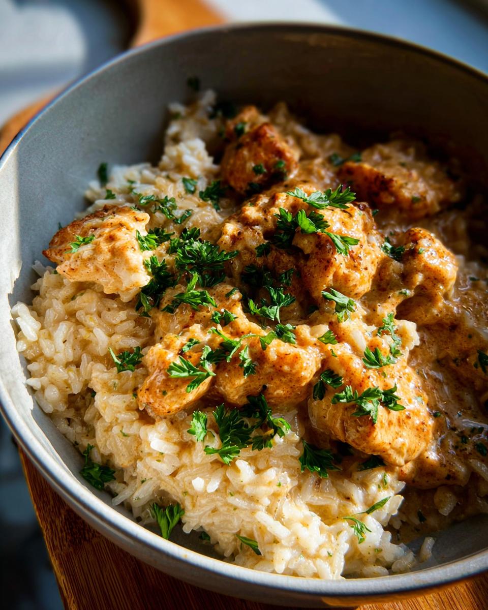 Close-up of a bowl of Creamy Cajun Chicken & Rice Bowls, topped with fresh parsley.