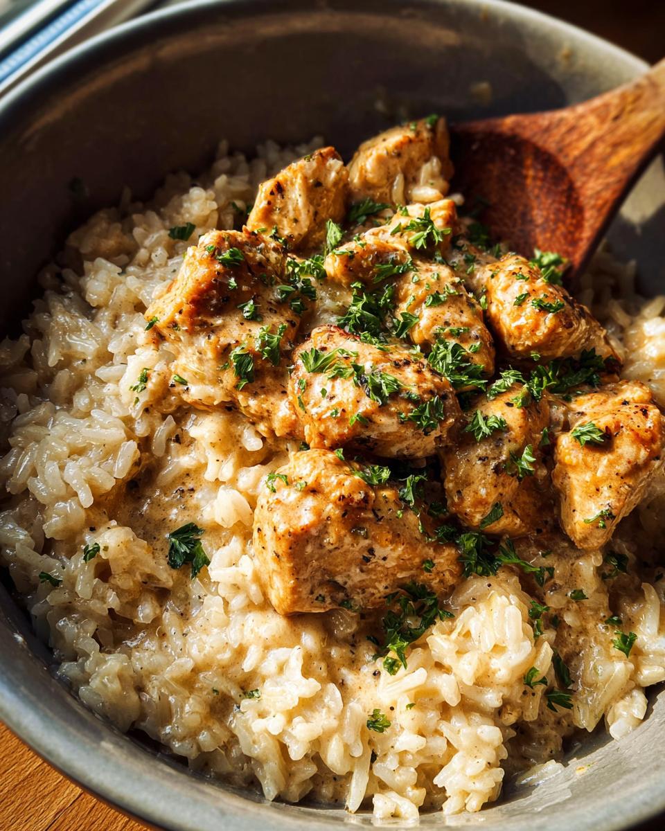 A close-up shot of Creamy Cajun Chicken & Rice Bowls, featuring tender chicken pieces in a rich sauce over fluffy rice, garnished with parsley.