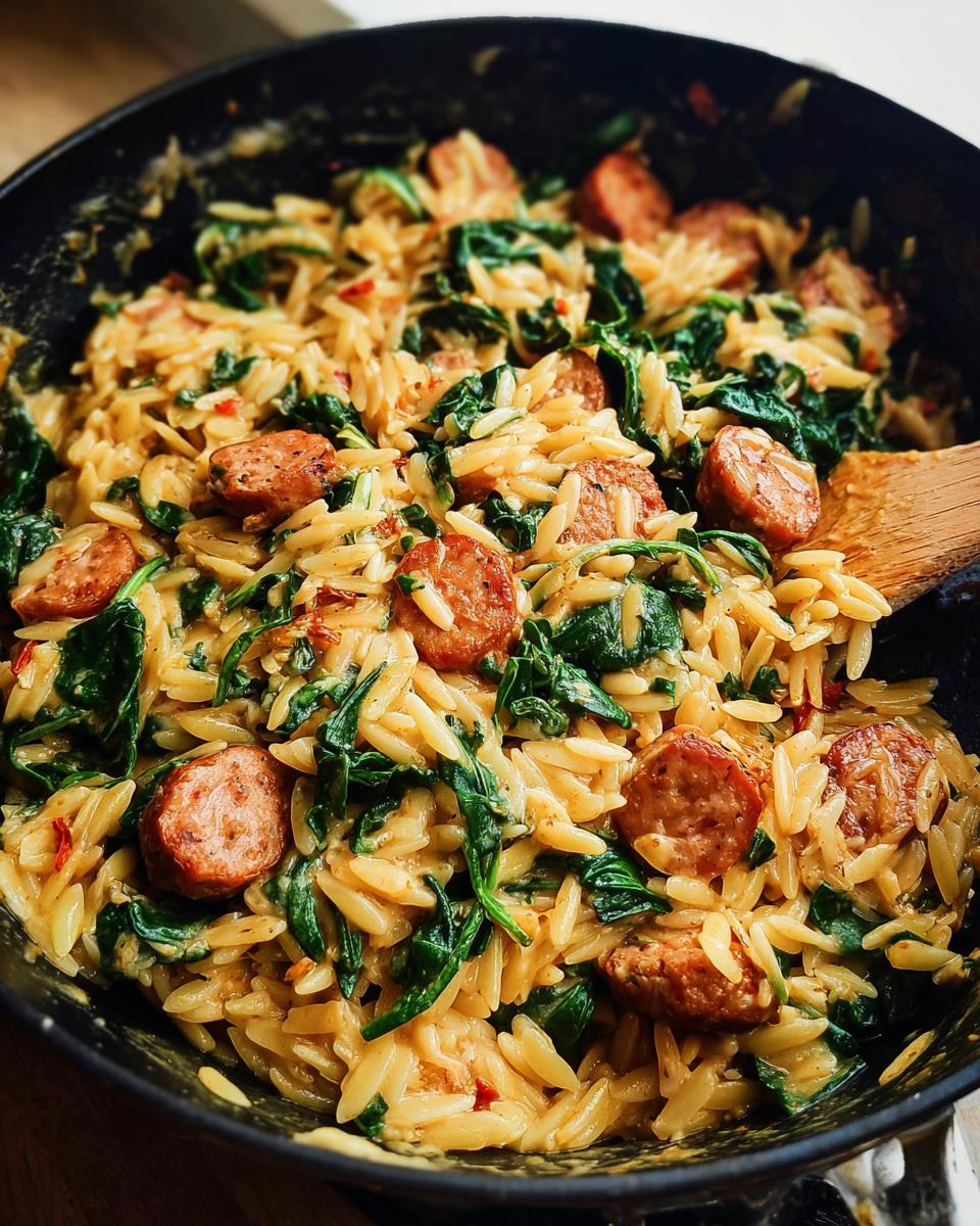 Close-up of a skillet filled with creamy chicken sausage orzo and wilted spinach.