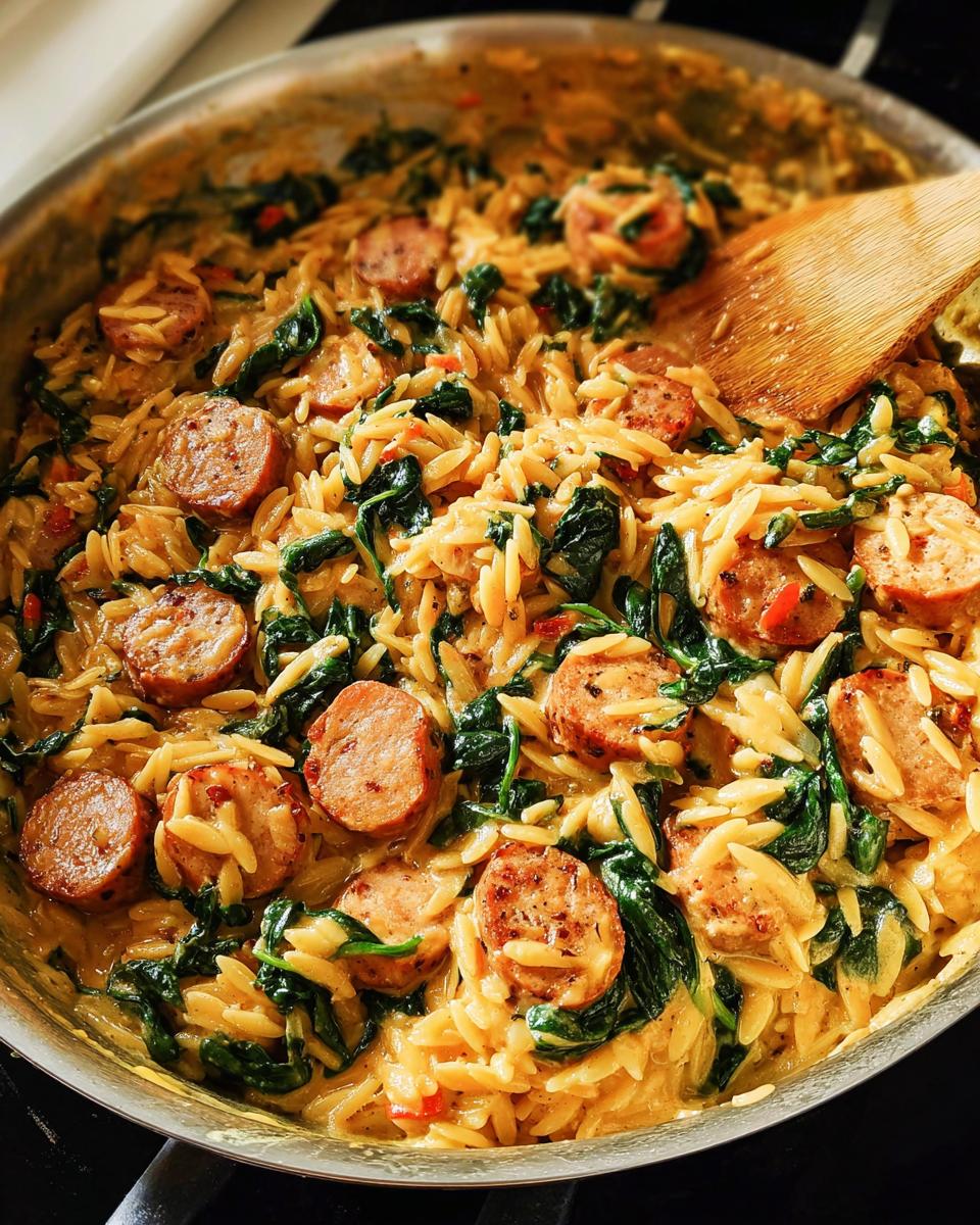 Close-up of Creamy Chicken Sausage Orzo with spinach and a wooden spoon in a skillet.