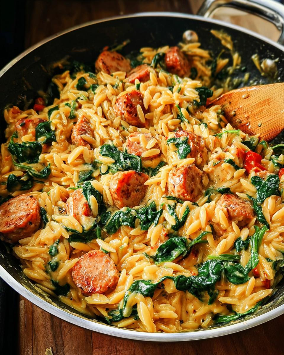 Close-up of creamy chicken sausage orzo with spinach in a skillet, ready to serve.