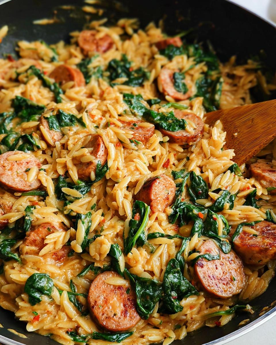 Close-up of Creamy Chicken Sausage Orzo with wilted spinach and sliced sausage in a skillet.