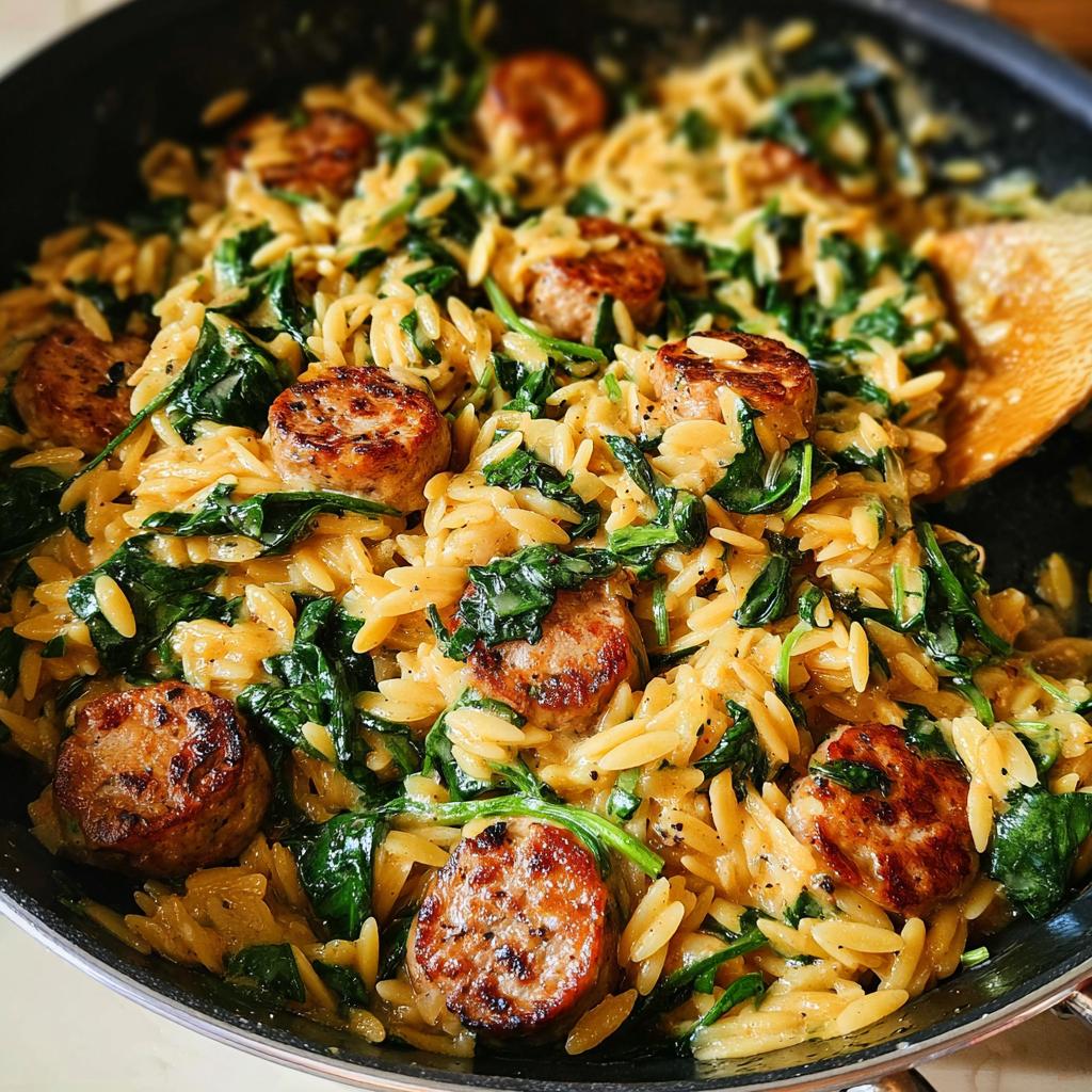 A close-up of creamy chicken sausage orzo with wilted spinach in a skillet, with a wooden spoon.