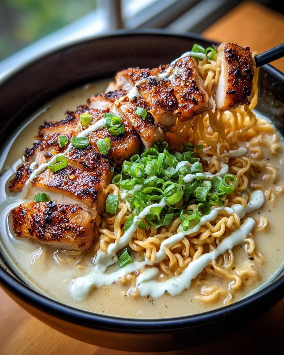A close-up shot of a bowl of Creamy Garlic Chicken Ramen, featuring noodles, sliced grilled chicken, and green onions.